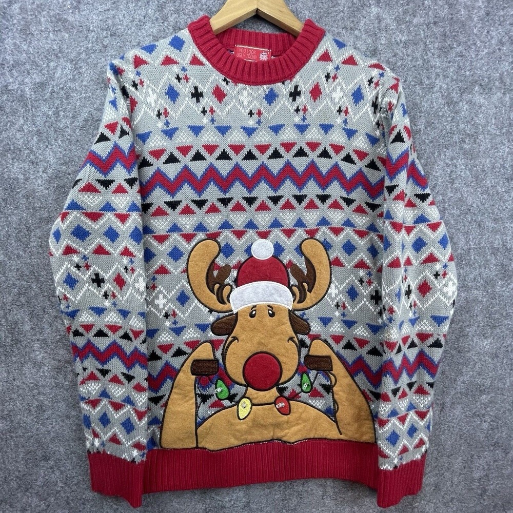 You Look Ugly Today Christmas Sweater Mens Small Reindeer Light Up Cute Funny